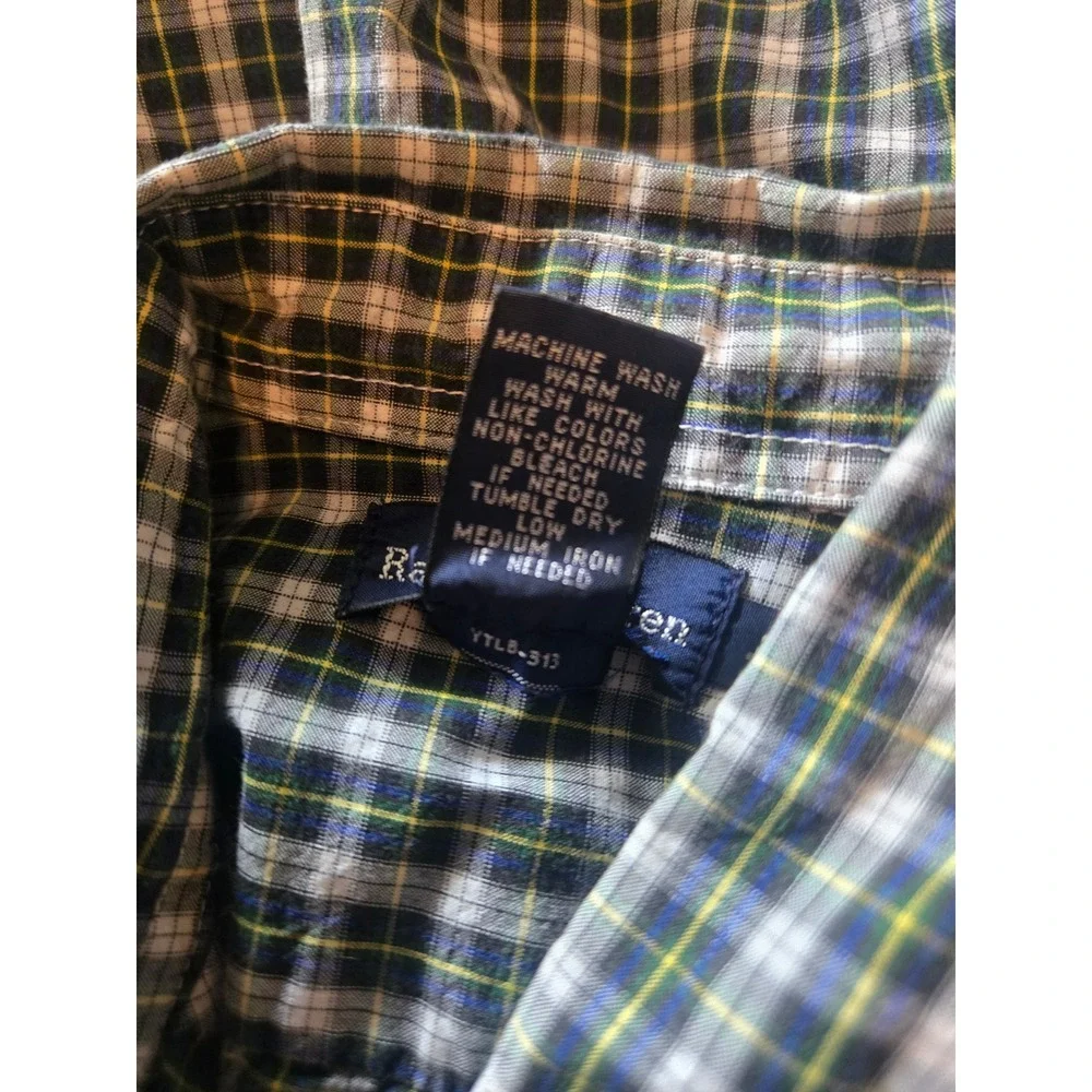 Ralph Lauren Kids Green Plaid Long Sleeve Button Down Shirt Size Medium M Cotton